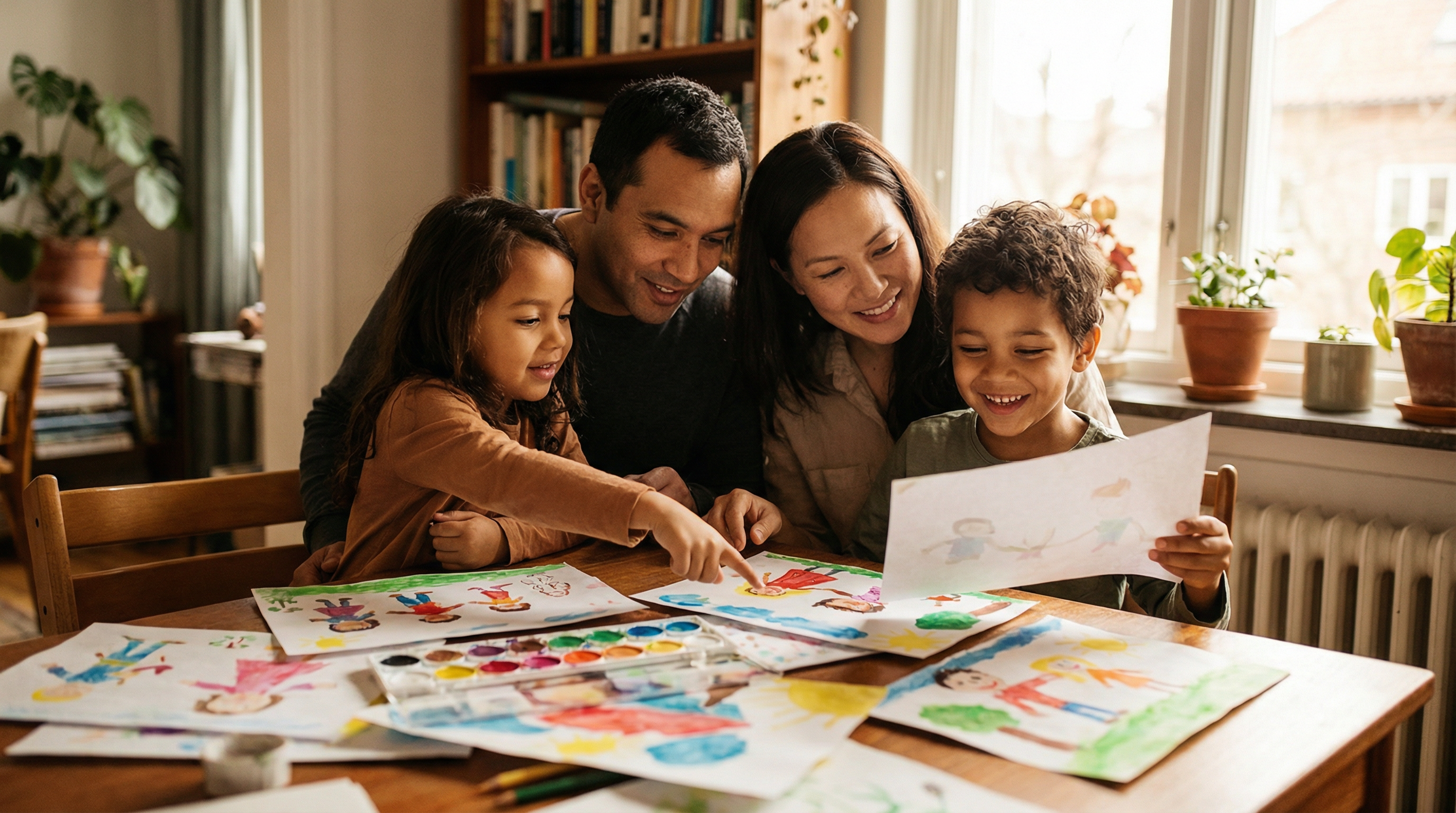 Family enjoying children's artwork